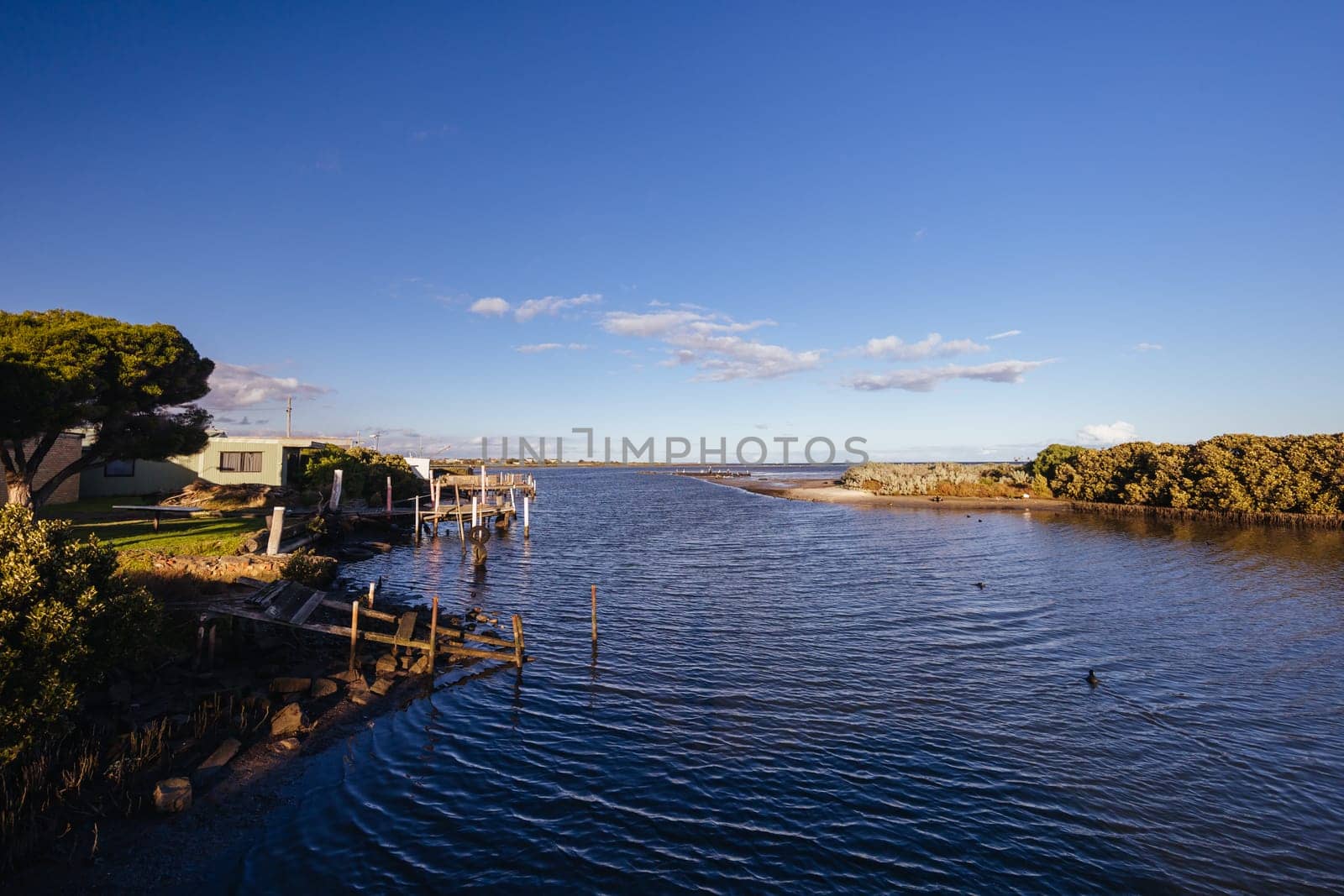 Kororoit Creek Historic Fishing Village at dusk in Jawbone Flora and Fauna Reserve in Williamstown, Melbourne, Victoria, Australia