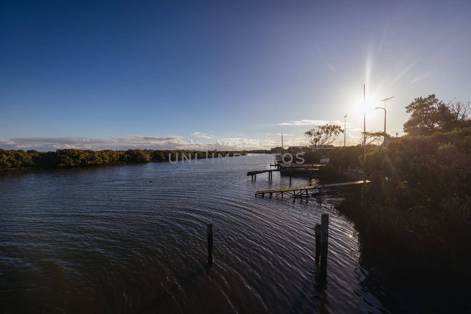 Kororoit Creek Historic Fishing Village at dusk in Jawbone Flora and Fauna Reserve in Williamstown, Melbourne, Victoria, Australia