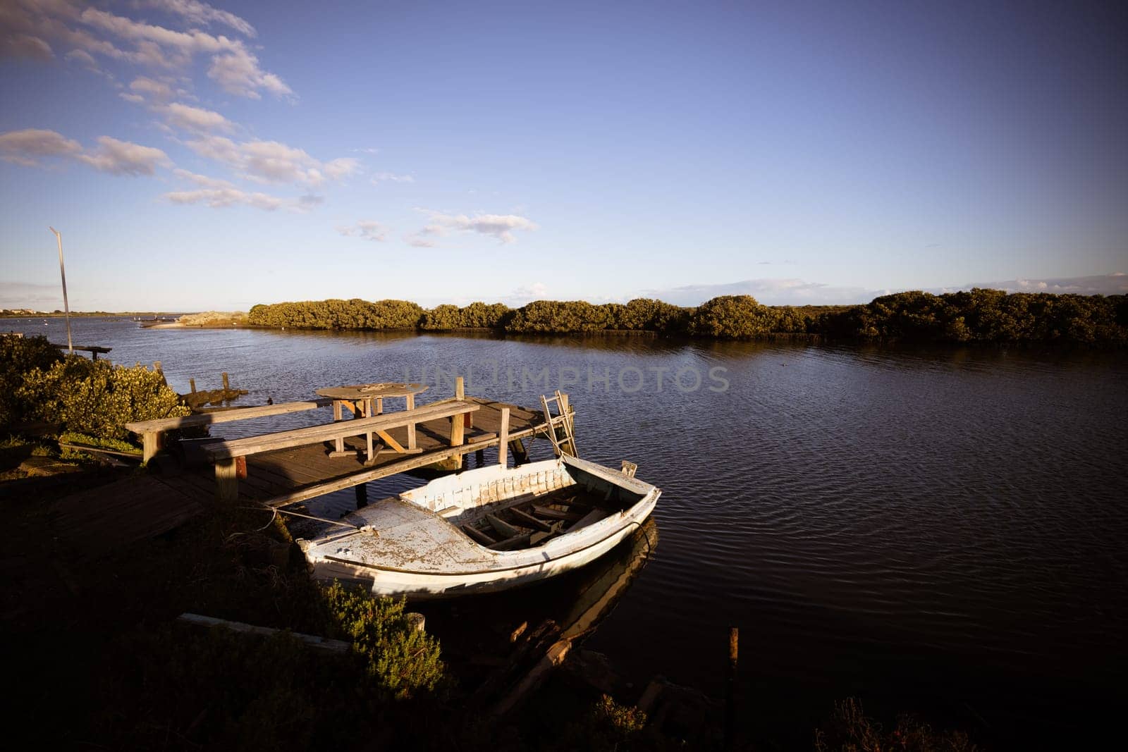 Kororoit Creek Historic Fishing Village at dusk in Jawbone Flora and Fauna Reserve in Williamstown, Melbourne, Victoria, Australia