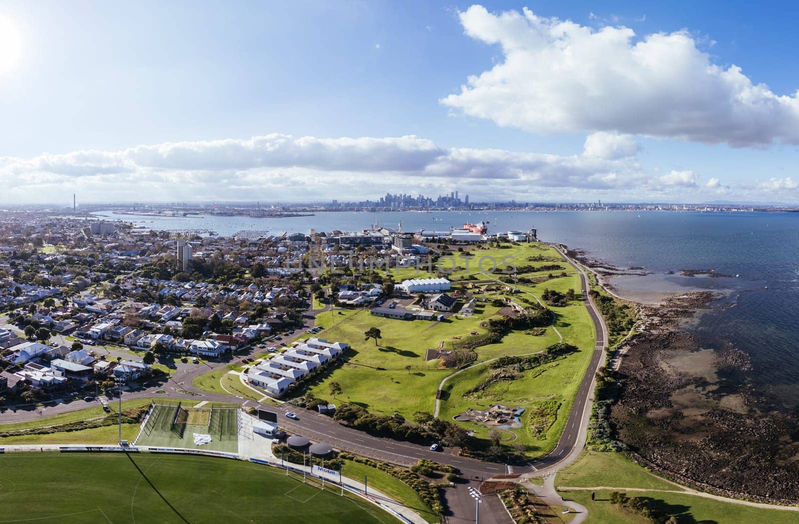 Aerial views across Williamstown on a clear winter's day in Melbourne, Victoria, Australia