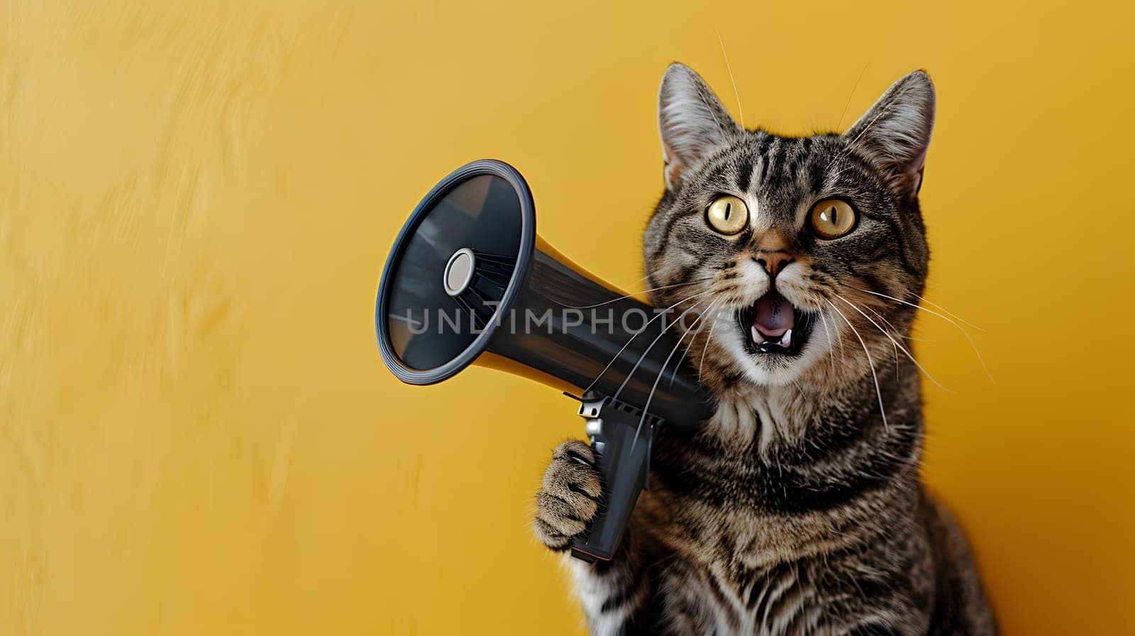 A domestic shorthaired cat from the Felidae family is holding a megaphone in front of a yellow wall, showcasing its small to mediumsized body, whiskers, fur, and tail