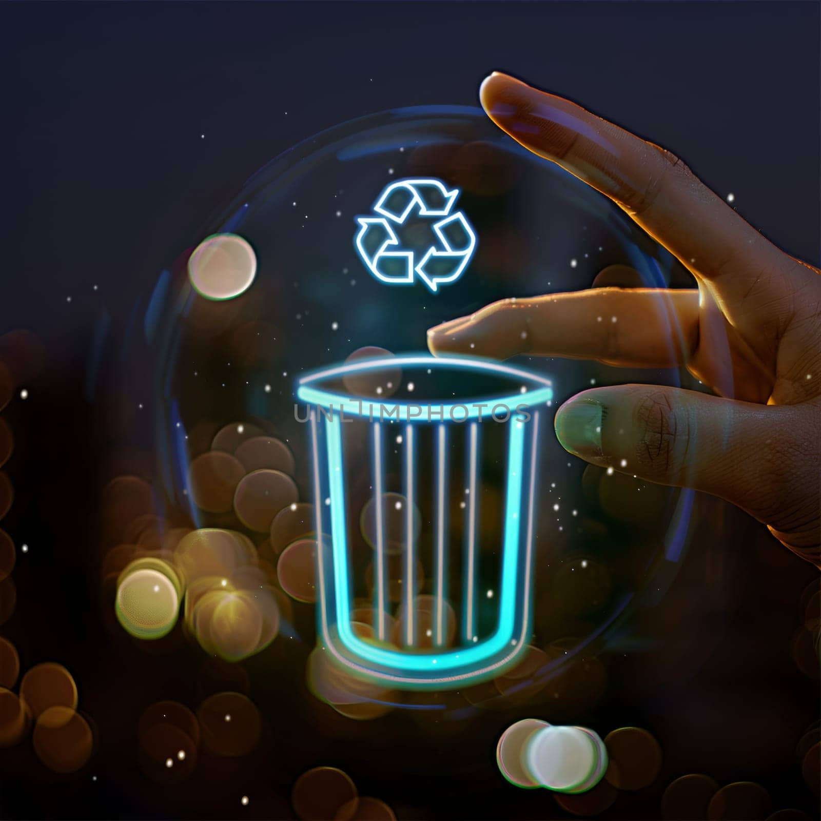 Finger over a holographic logo of trash bin and recycle symbol. Concept of technology for environment protection.