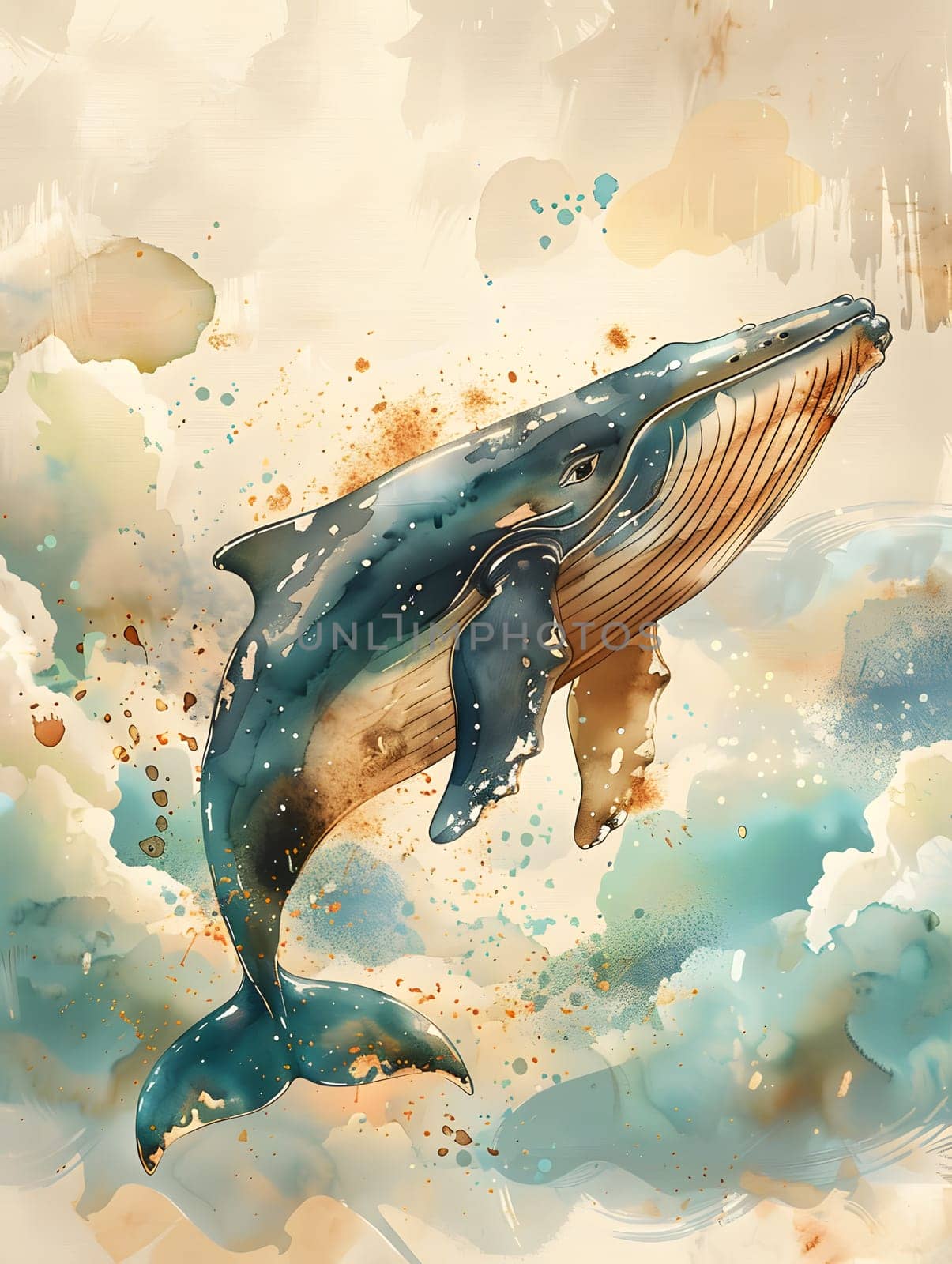 A whale gracefully swims underwater in a fluid watercolor painting by Nadtochiy