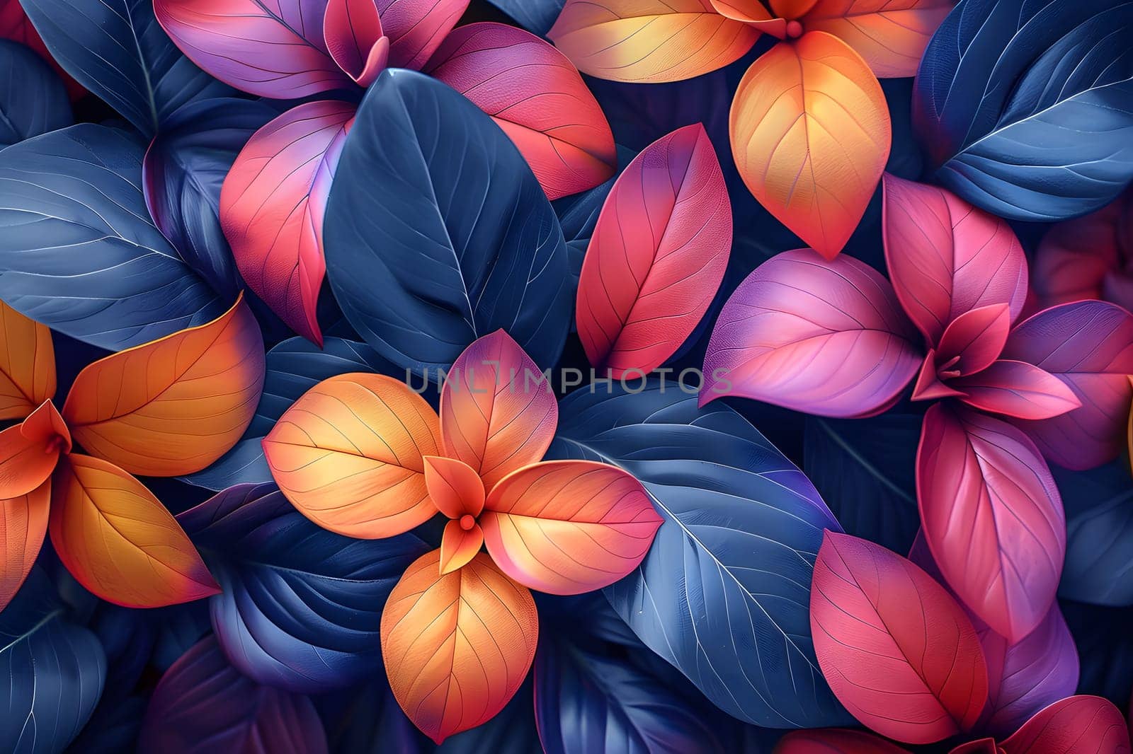 A variety of colorful flowers, petals, and leaves on a dark background. Includes purple, orange, and red terrestrial plants, groundcover, and flowering plants