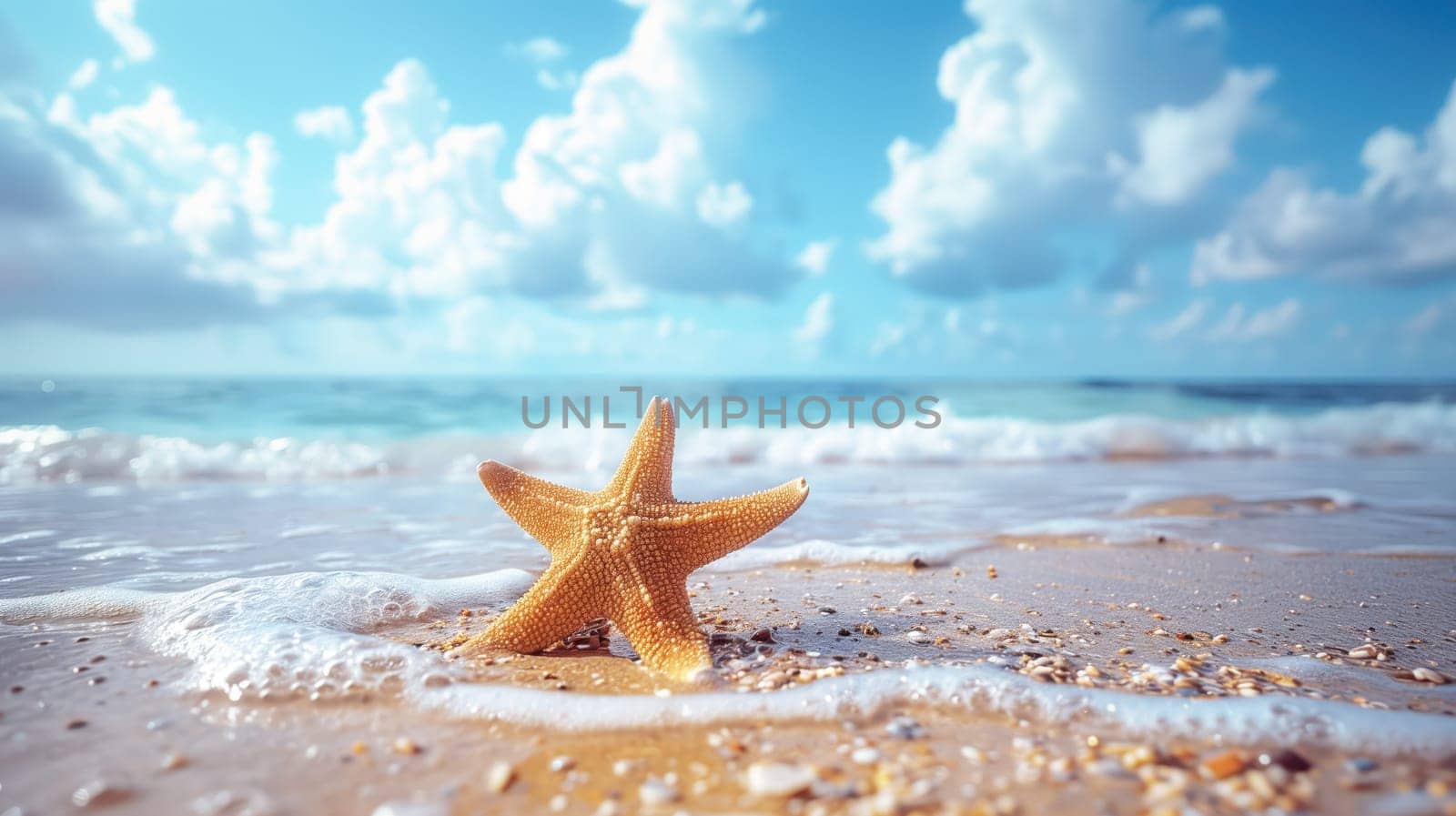 Beach holiday concept. Background with starfish on sandy tropical beach, space for text.