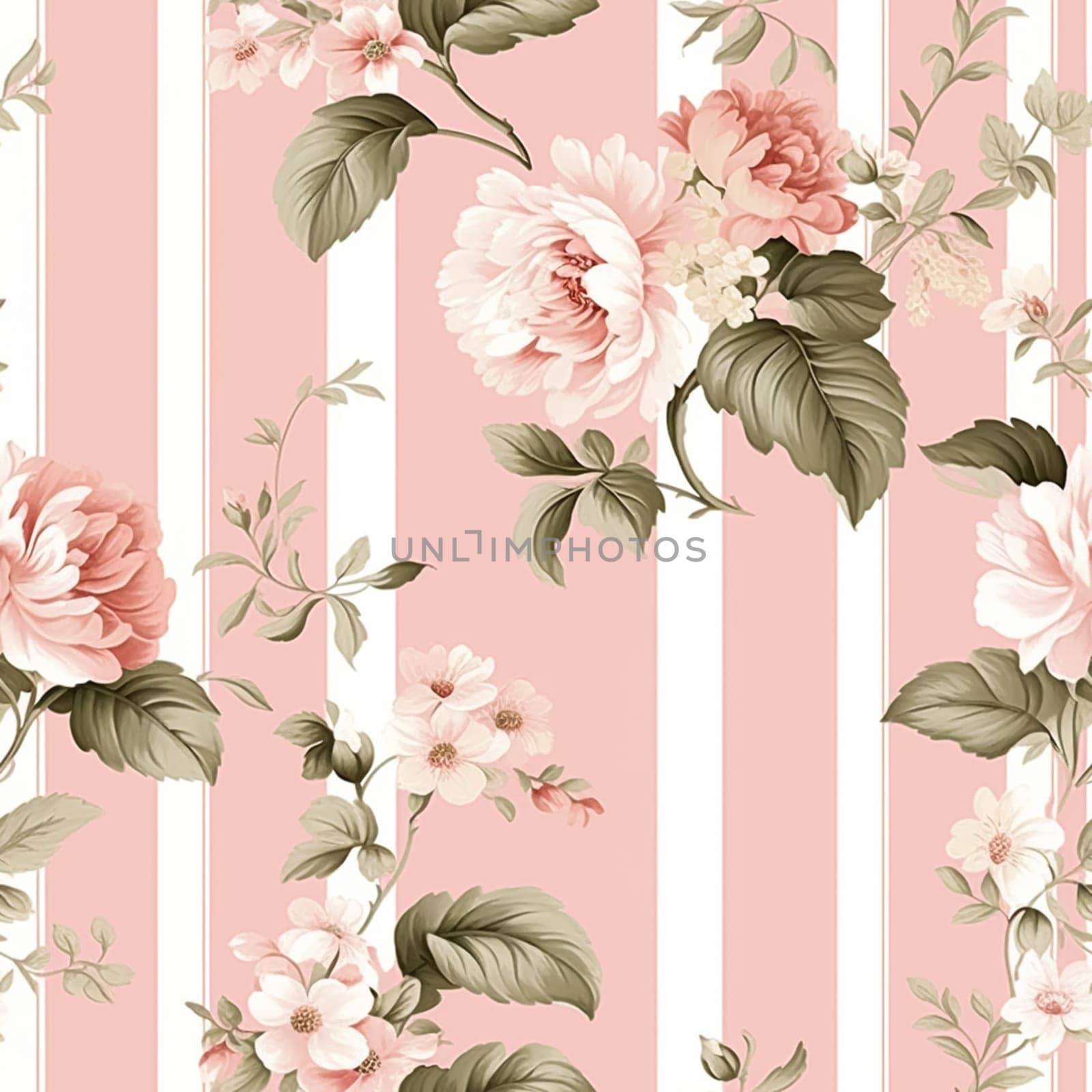 Seamless pattern, tileable striped pink floral country style print for wallpaper, wrapping paper with English countryside rose flowers for scrapbook, fabric and product design idea