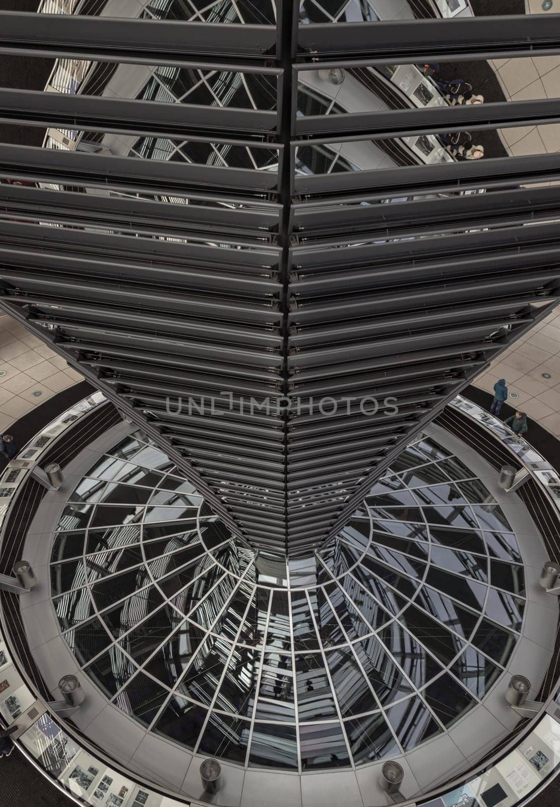 Berlin, Germany - Dec 20, 2023 - Architecture interior of the Cupola of the Reichstag dome is a glass dome constructed on top of the rebuilt Reichstag building. a major tourist attraction of the berlin city, Copy space, Selective focus.