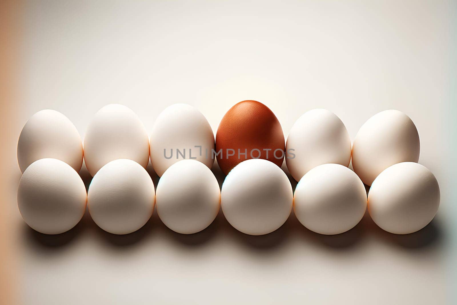 Row of white eggs with one brown egg on light background, national minority concept by Annado