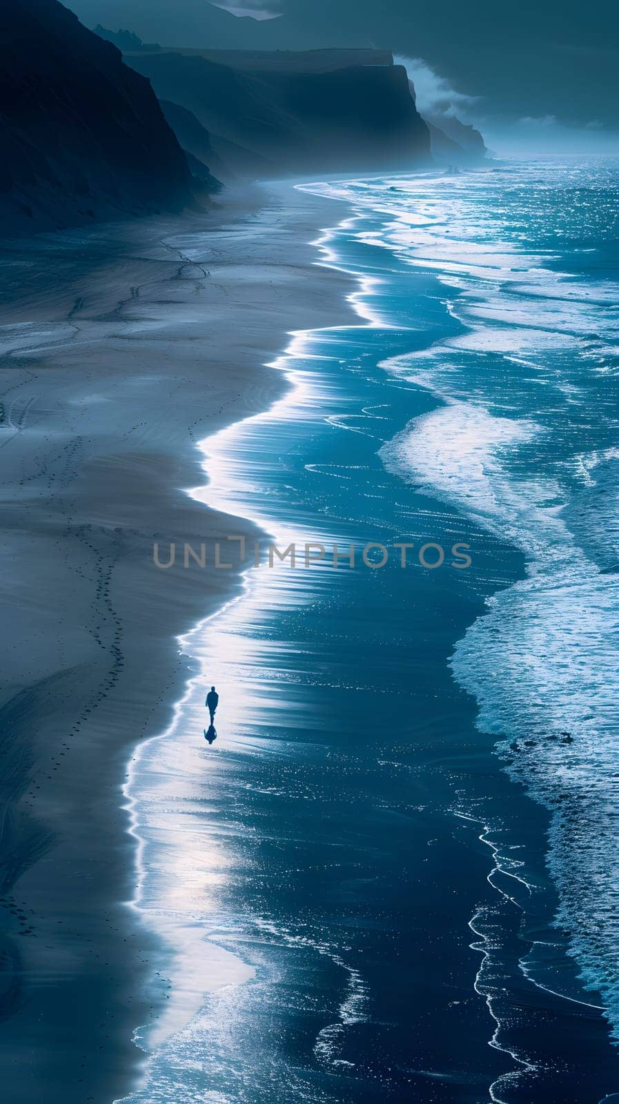 An individual strolls along the sandy shoreline, admiring the natural landscape of the coast and oceanic landforms while listening to the soothing sound of water and wind waves in the atmosphere