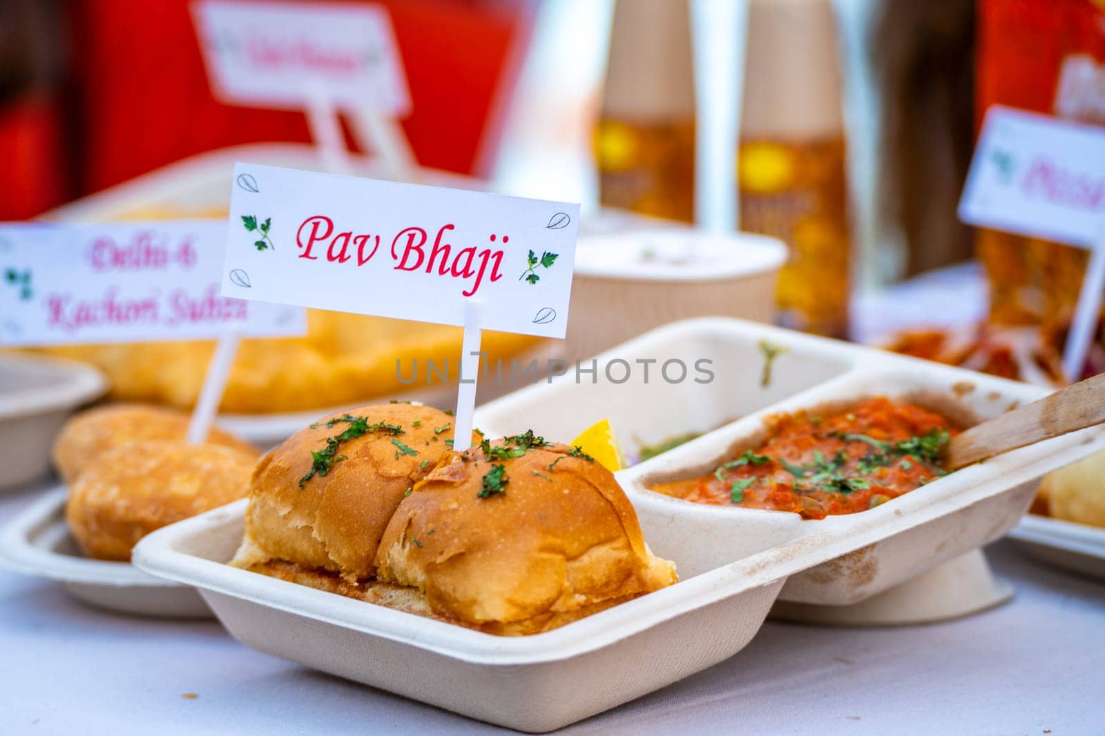 disposable plate showing pav bhaji a popular indian snack with bread and mashed vegetables common street food in places like mumbai India