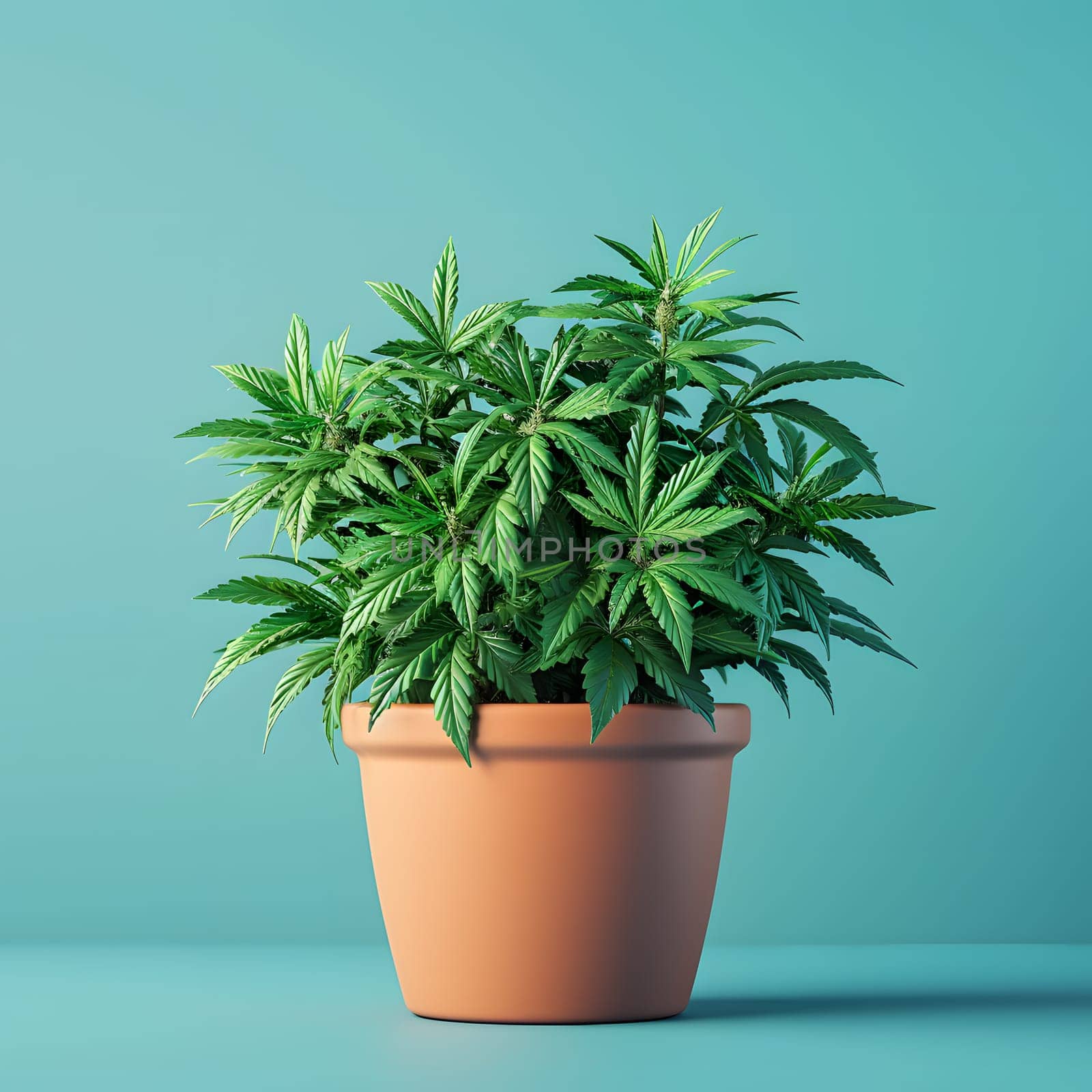 Houseplant with green leaves in a flowerpot on a blue background by Nadtochiy