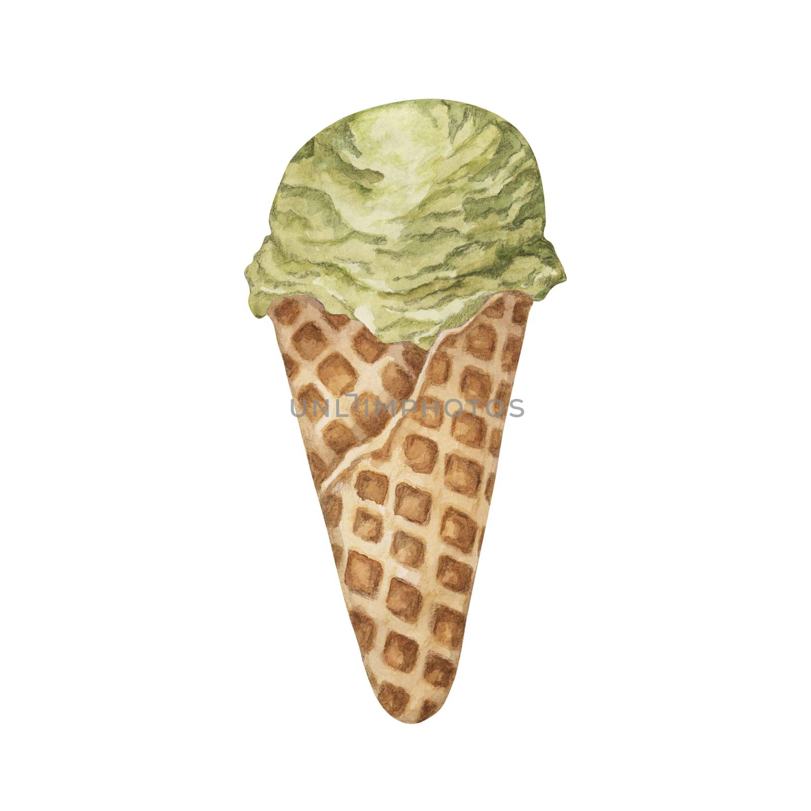 Pistachio, green tea, matcha, mint, avocado or lime ice cream scoop in waffle cone. Dessert watercolor illustration for labels, menu, culinary design by Fofito