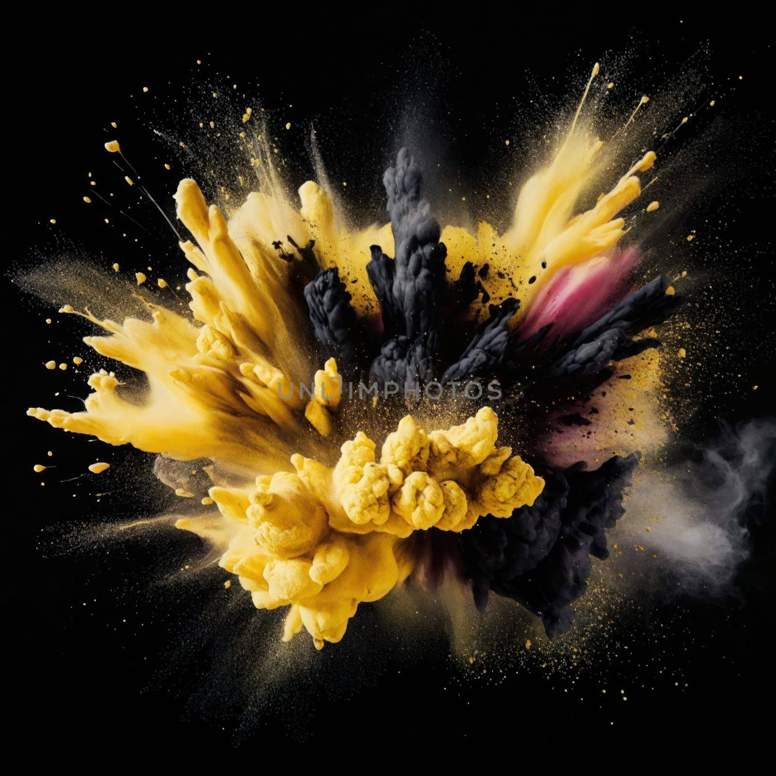 Yellow and balck powder exploding. Isolated on dark background. by VeroDibe