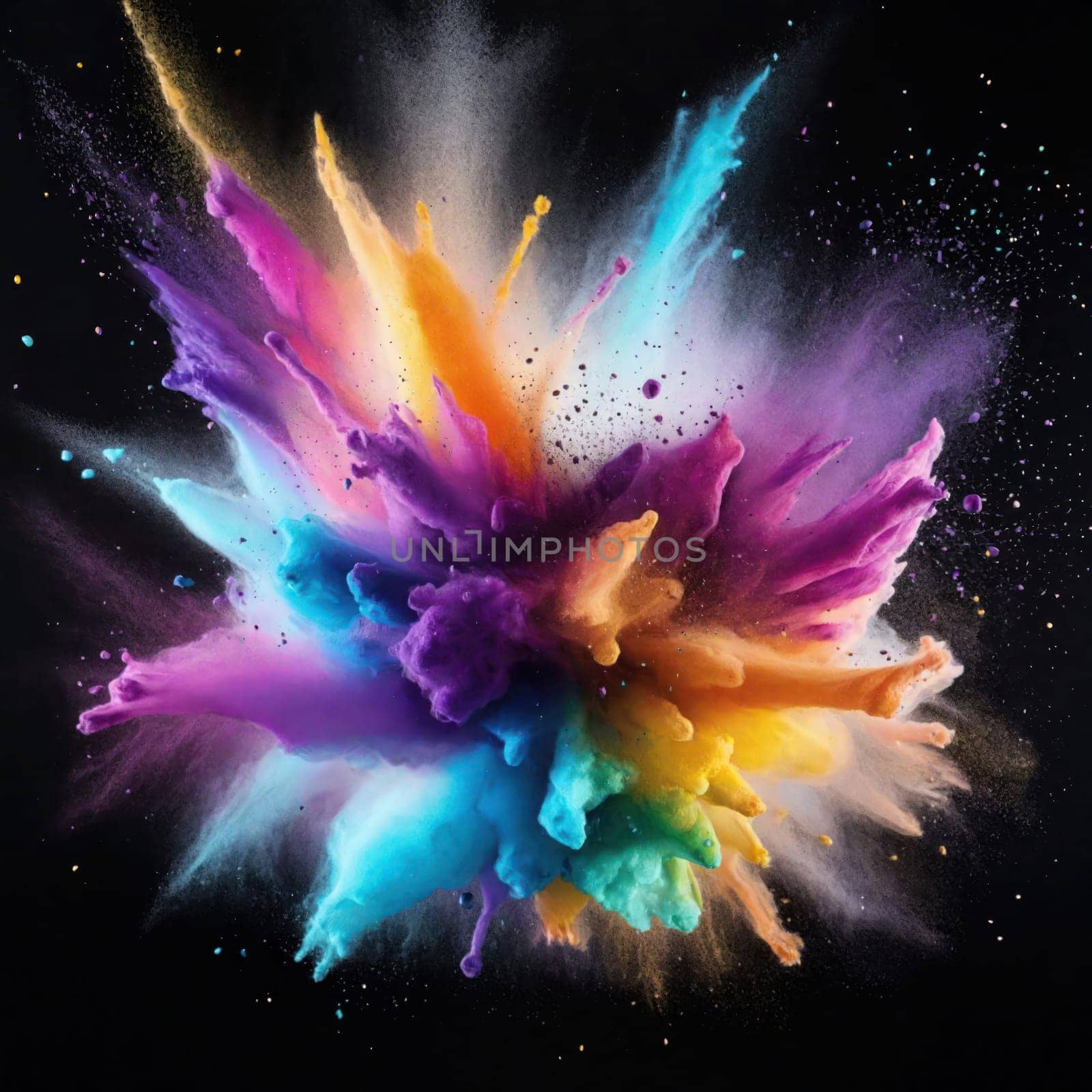 Explosion of rainbow colored powder isolated on black background. by VeroDibe