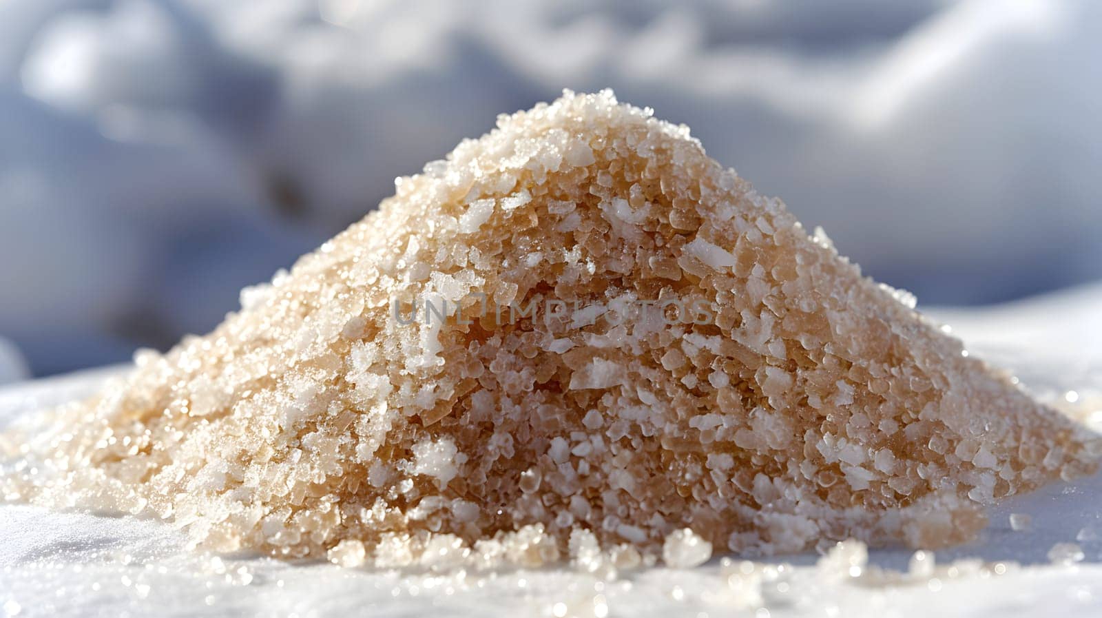 A heap of salt rests on a snowy backdrop, ready to be used as an essential ingredient in various recipes such as baked goods, desserts, and dishes