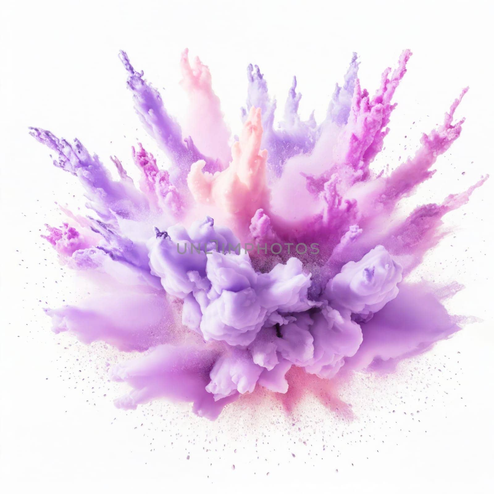 An explosion of gradient purple powder, isolated on white background. by VeroDibe