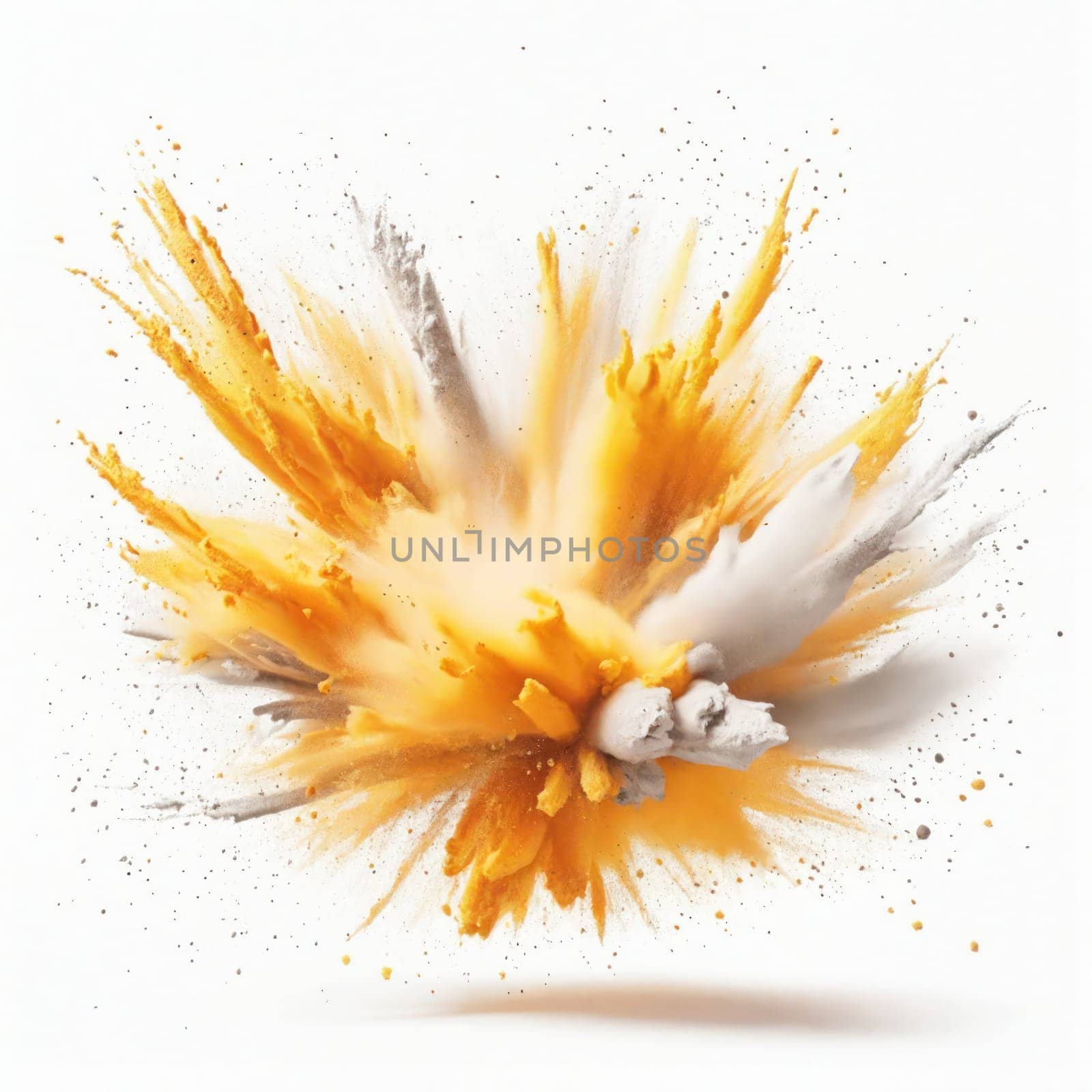 Yellow and grey powder paint explosion on light background. by VeroDibe