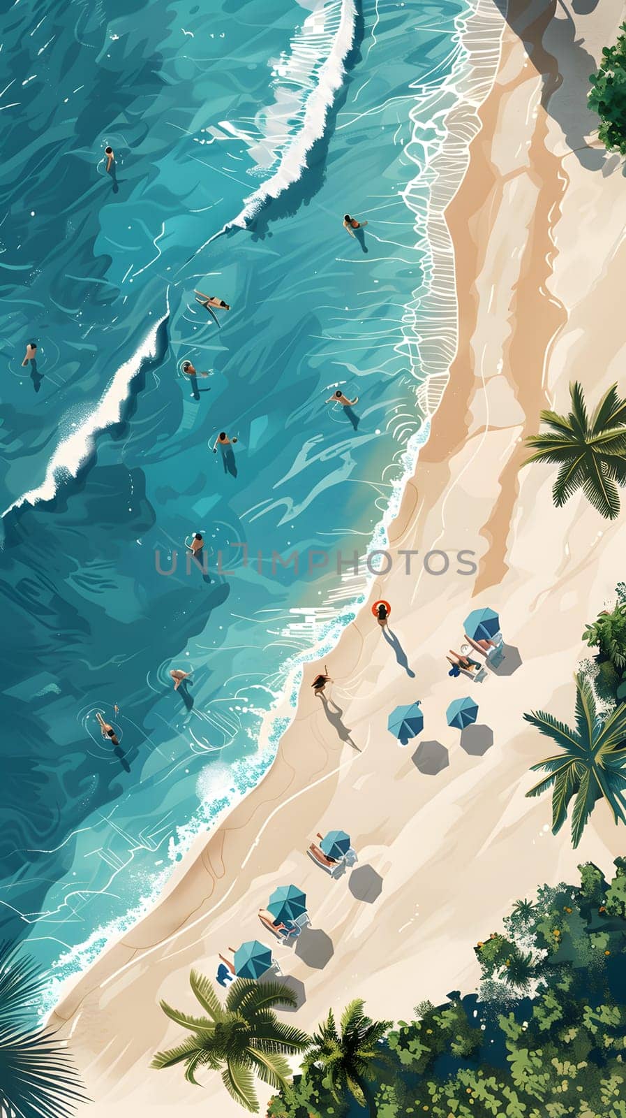 A picturesque natural landscape showcasing azure waters with people swimming in the ocean from an aerial view, resembling a beautiful painting