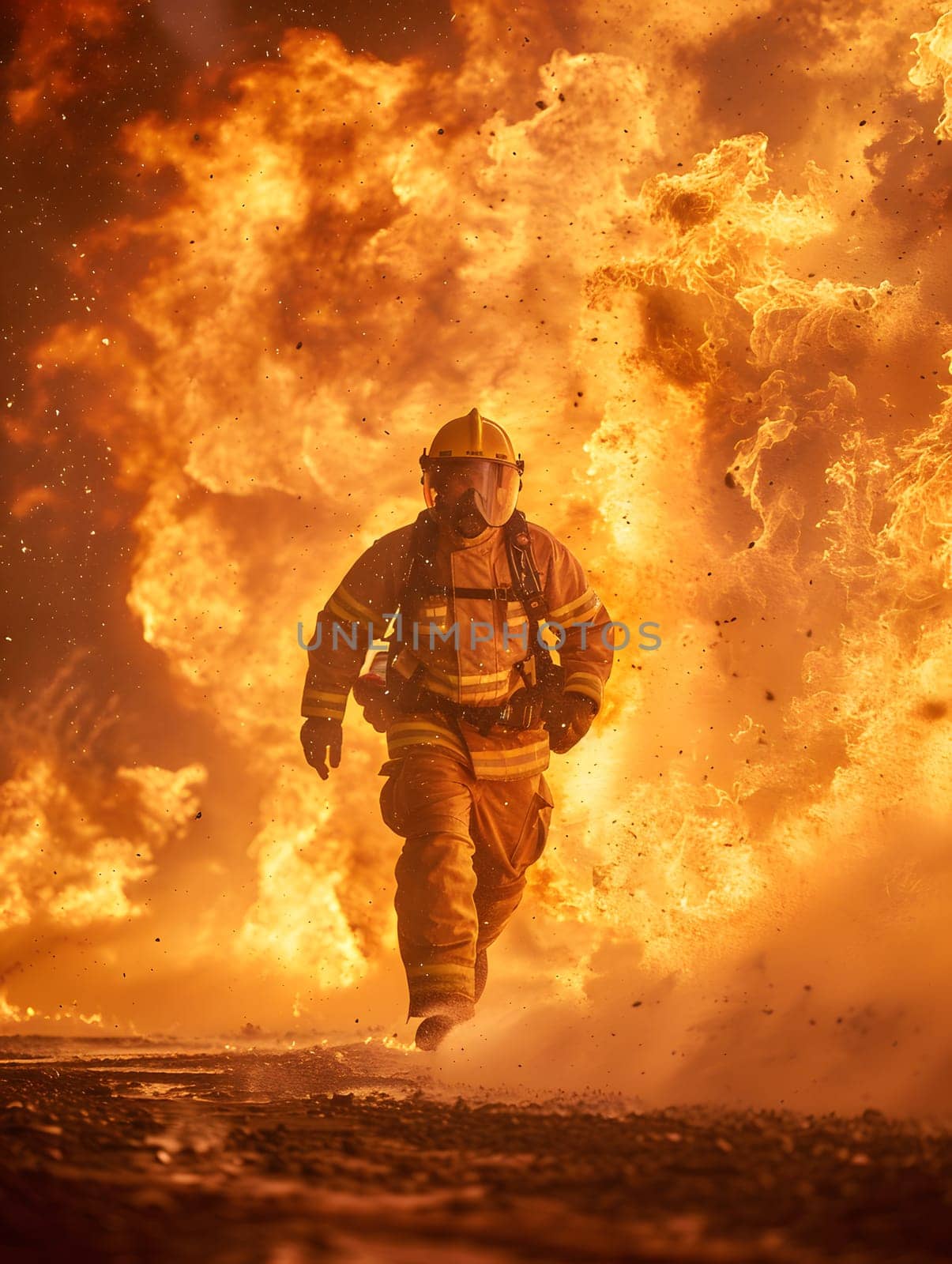 A firefighter is bravely navigating through the intense heat and hazardous conditions of a large wildfire, surrounded by flames, smoke, and pollution