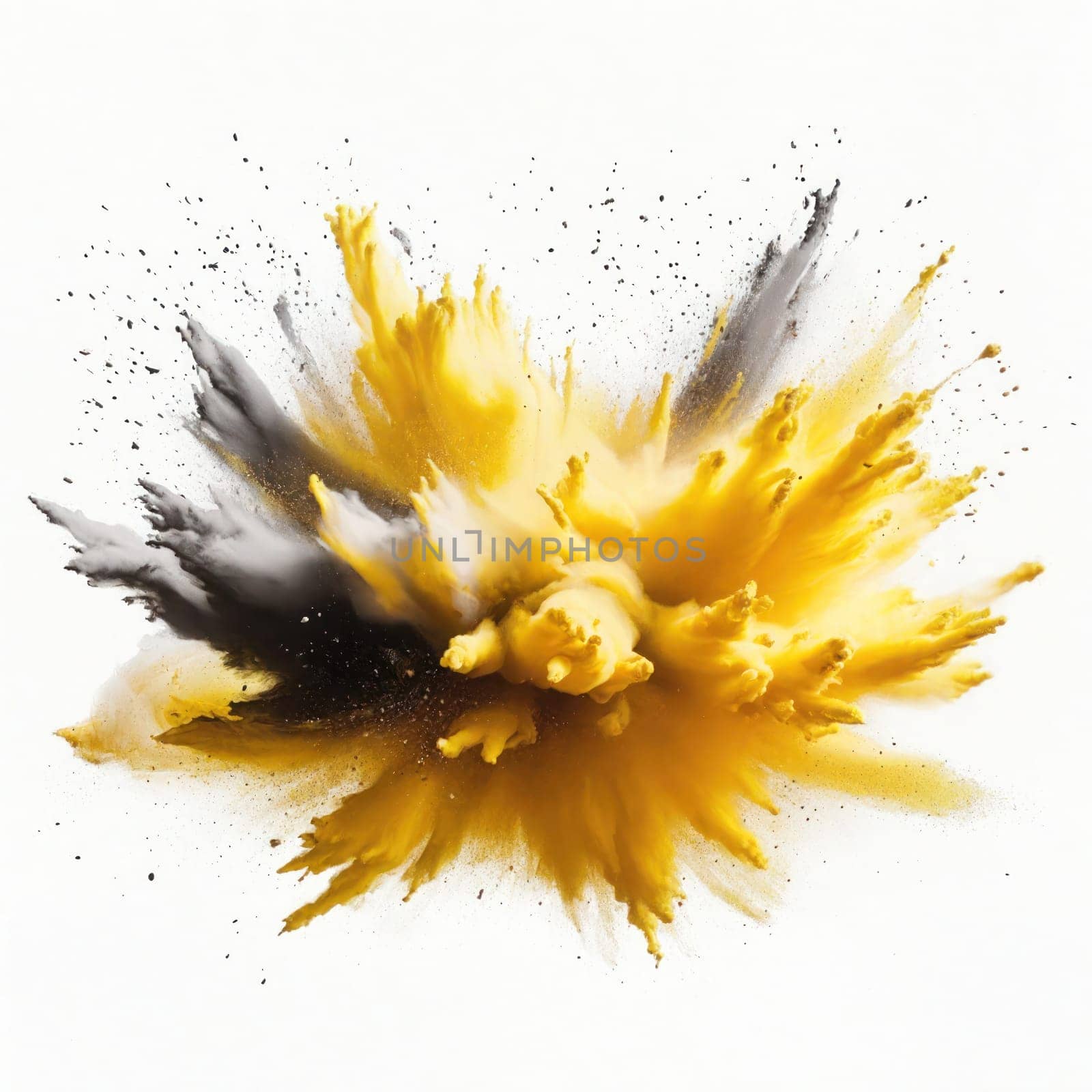 Yellow and black powder paint explosion on light background. by VeroDibe