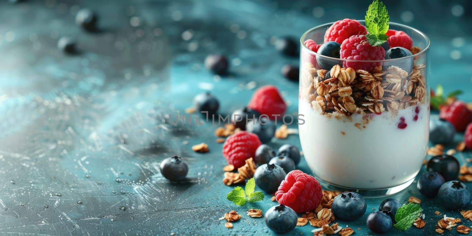Bowl of yogurt with granola, blueberries, raspberries, and mint on dark textured background. Fresh and healthy breakfast food with copy space. For design and print. Ai generation. High quality