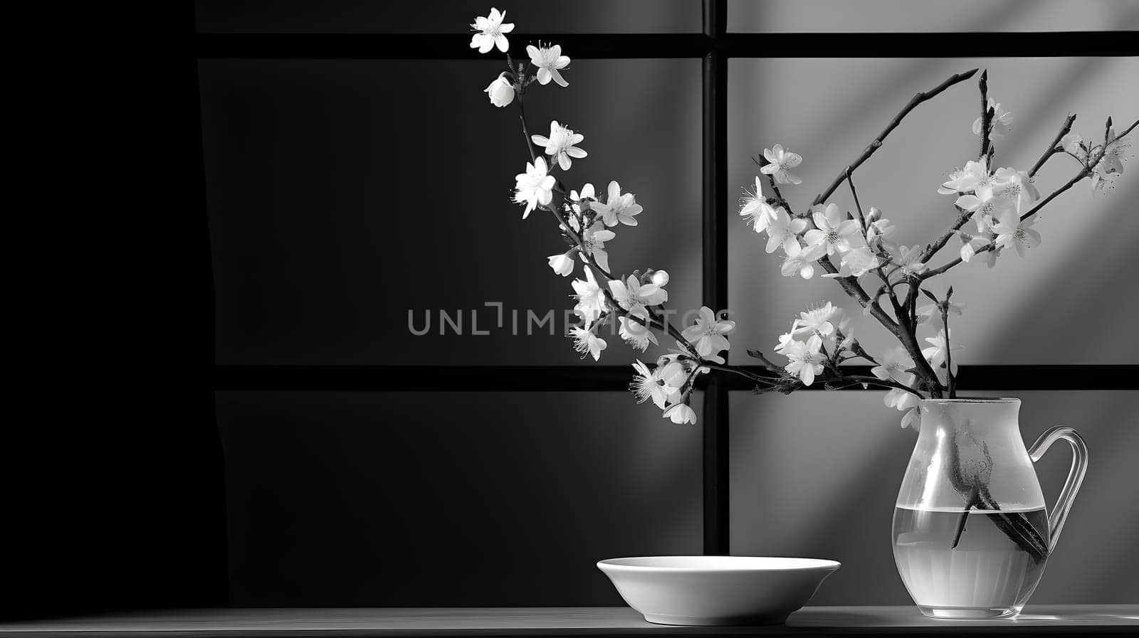 Black and white still life with cherry blossoms in a transparent vase beside a bowl - Generative AI by chrisroll