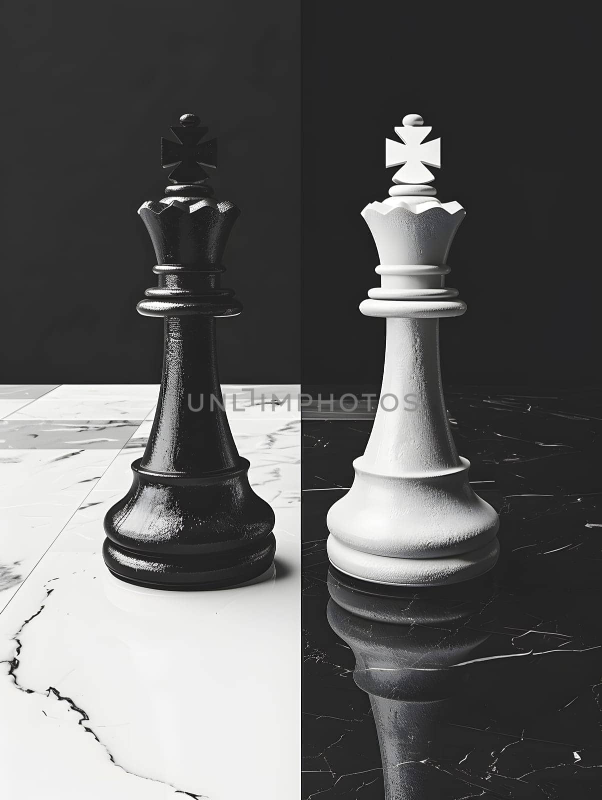 Monochrome photo of chess pieces on tabletop, indoor game in darkness by Nadtochiy