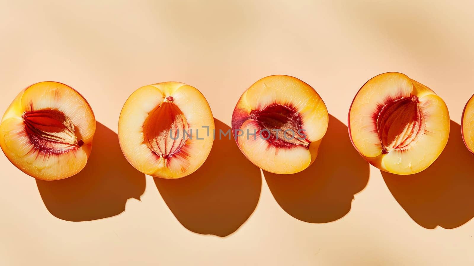Halved peaches in a row with shadows on beige background, top view. Fresh summer fruit concept.