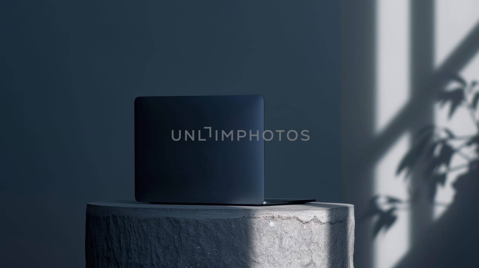 Laptop on a rough stone surface in a dimly lit room with shadows, modern workspace concept.