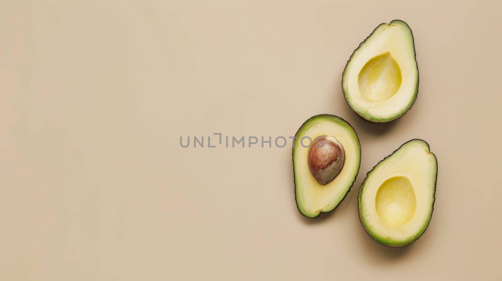 Three avocado halves on beige background, top view. Healthy food and diet concept.