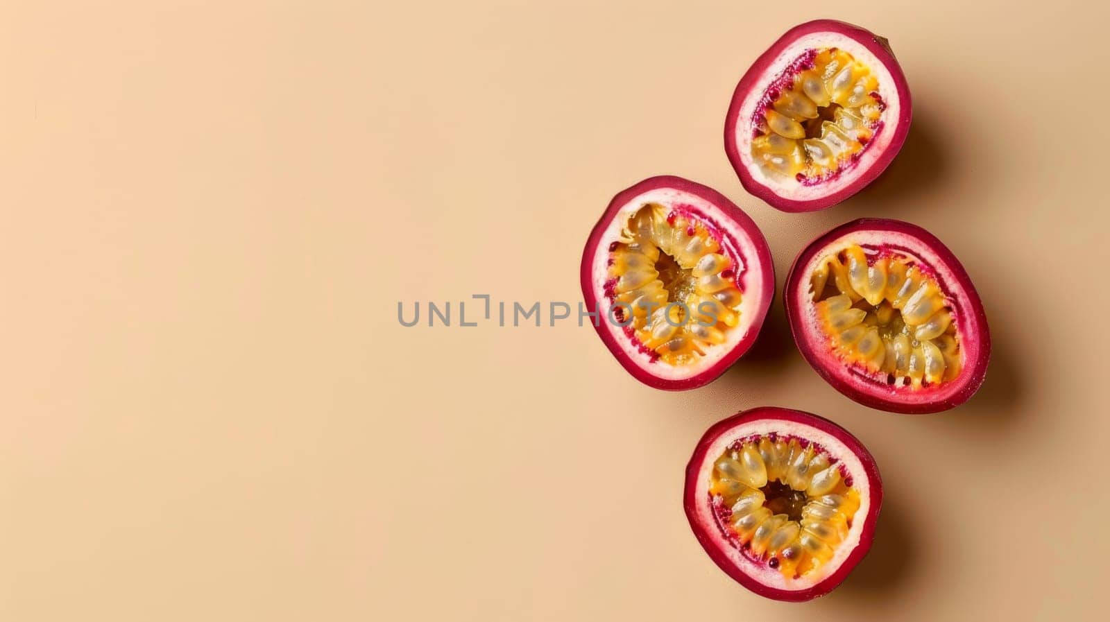 Four sliced passion fruits on a beige background.