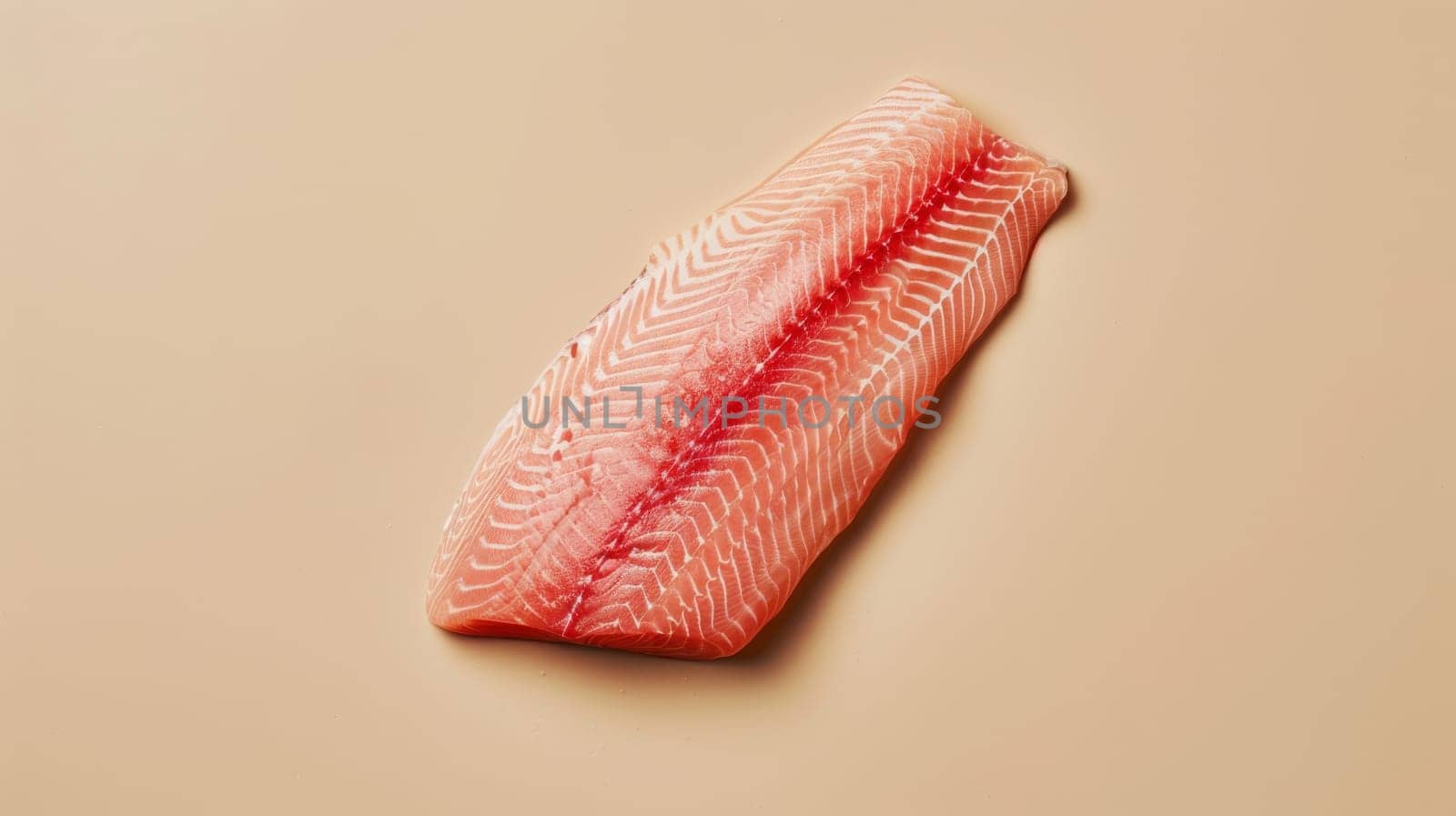 Raw salmon fillet on beige background, top view. Fresh seafood concept.