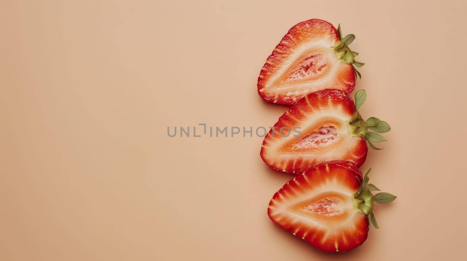 Three halved strawberries on a peach background, close-up view. Fresh fruit and nutrition concept.