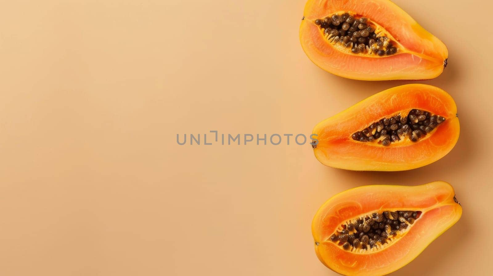 Sliced papayas on beige background, top view. Healthy food and tropical fruit concept.