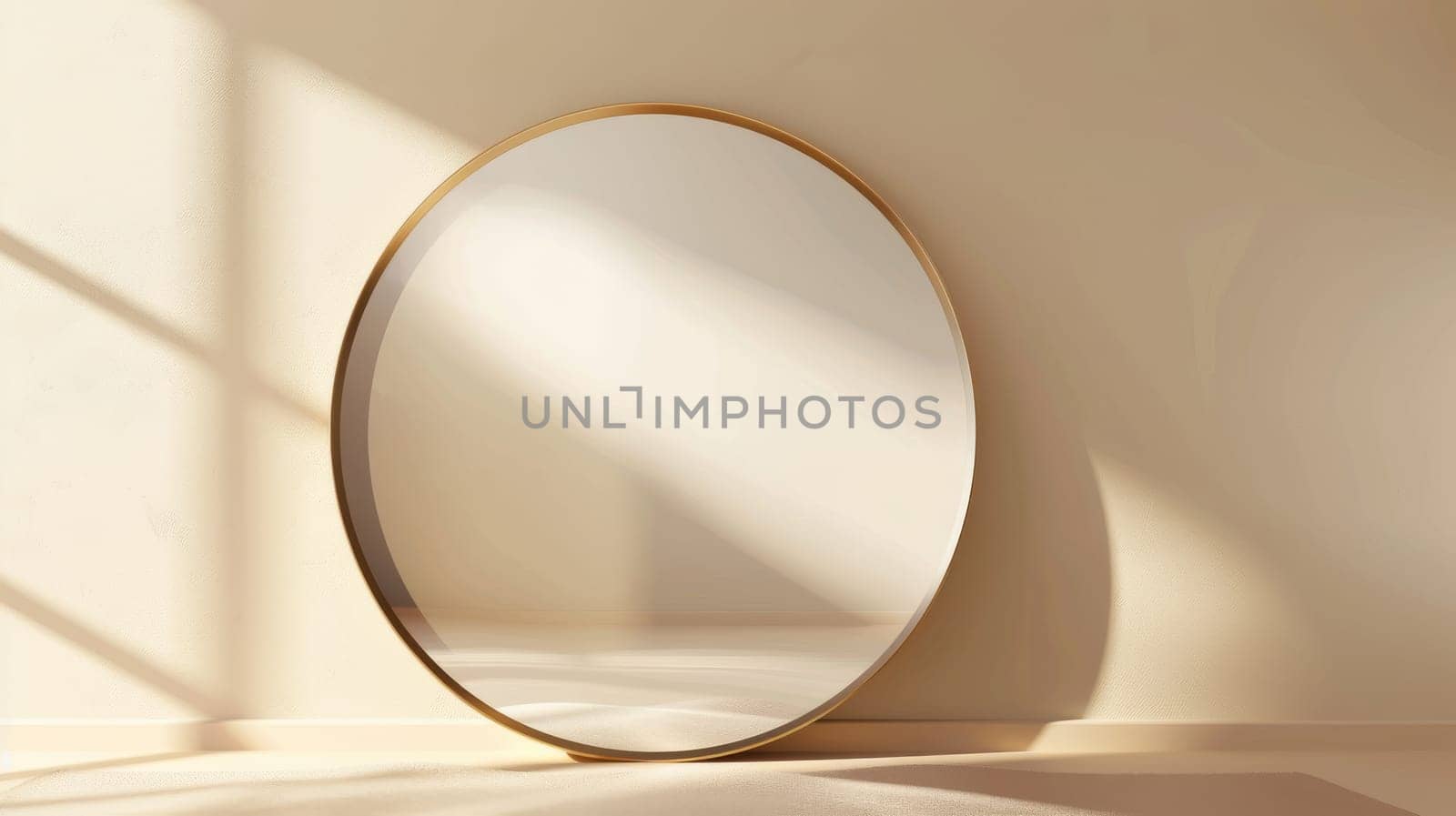 Round mirror with golden frame reflecting sunlight on beige wall, minimalist interior decor concept.