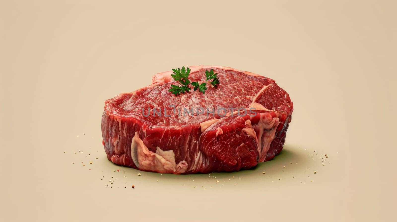 Raw ribeye steak with parsley garnish on beige background, culinary concept.