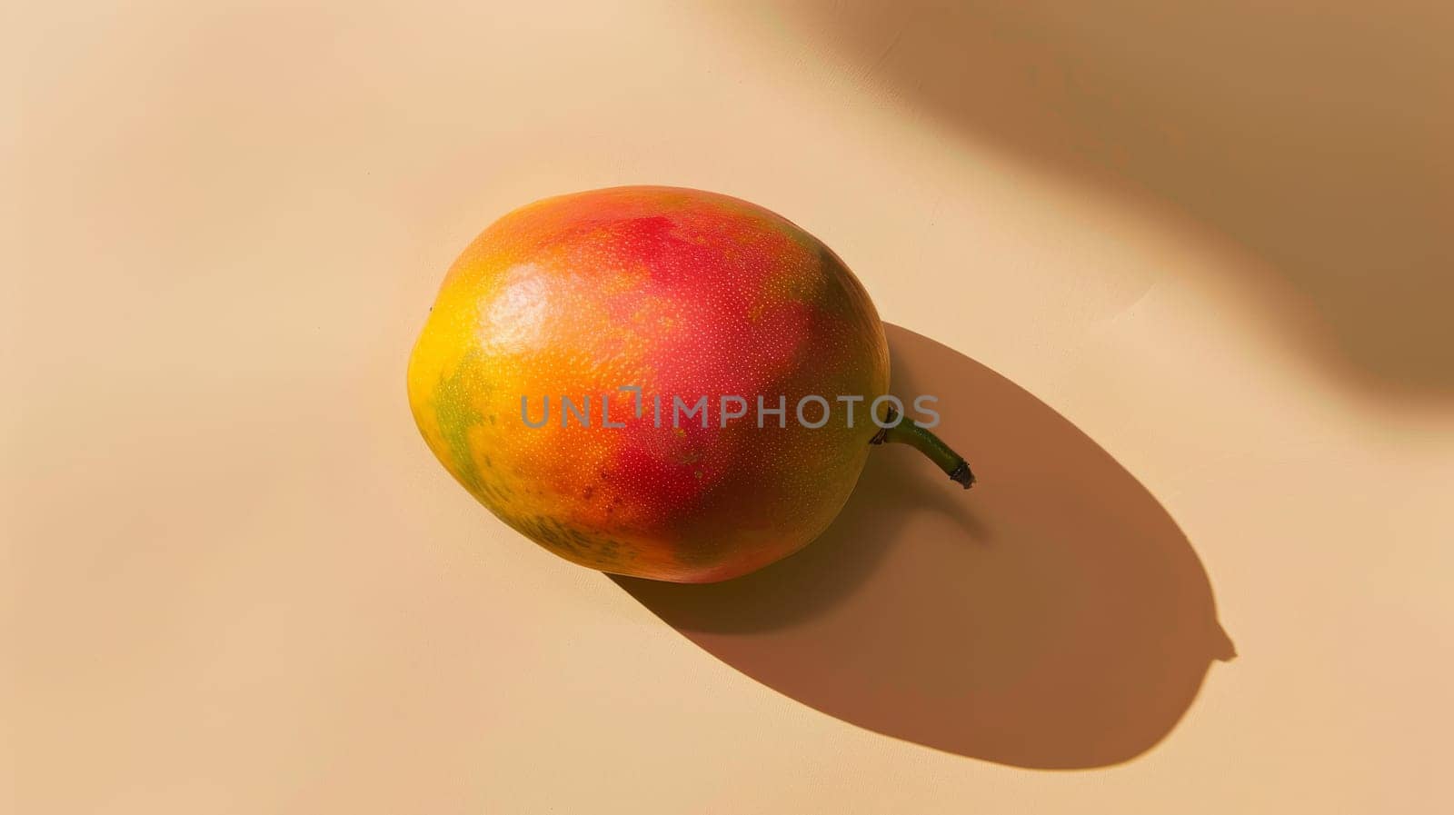 Ripe mango fruit on beige background, minimalistic still life. Fresh tropical fruit concept.