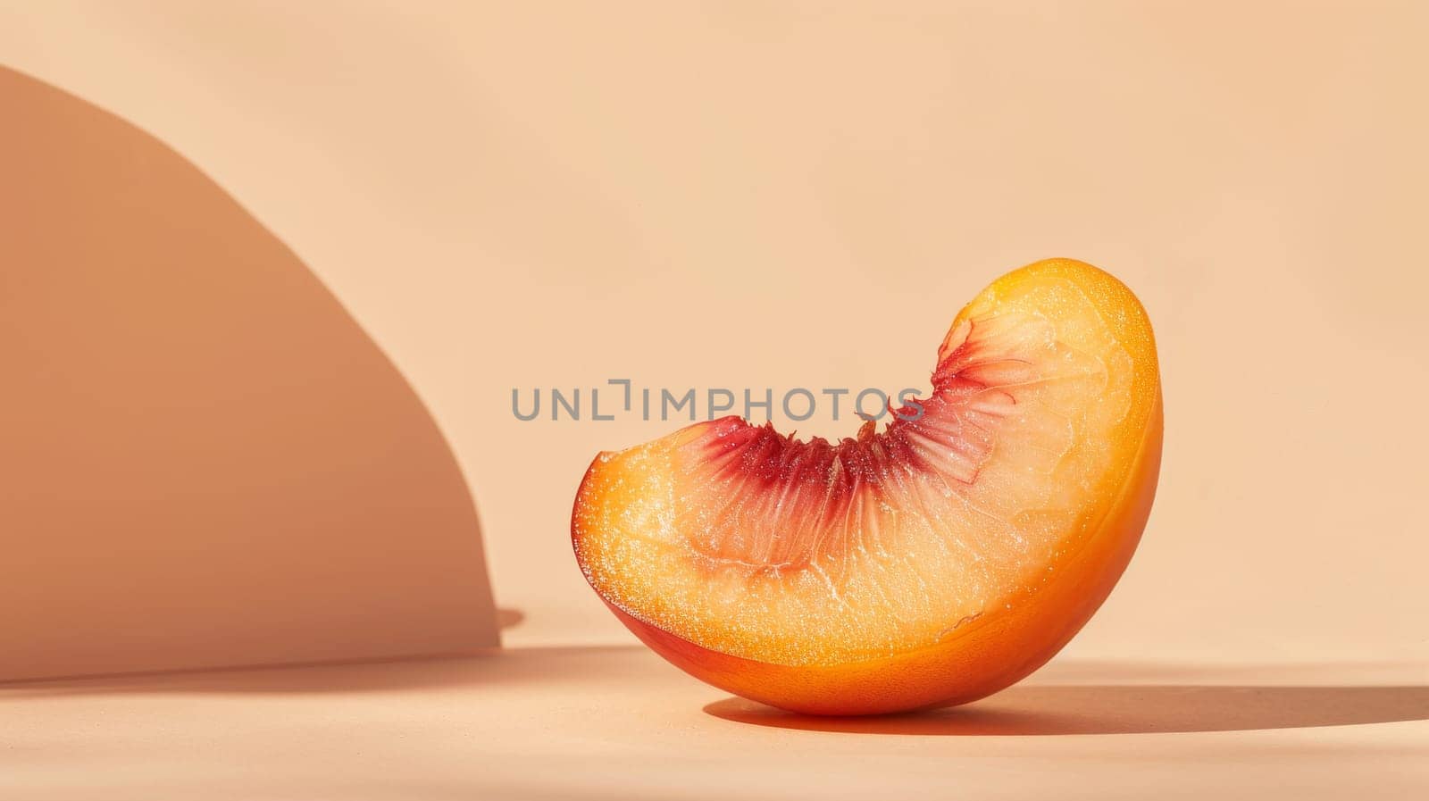 Peach slice on pastel background, close-up shot. Healthy eating and natural food concept.