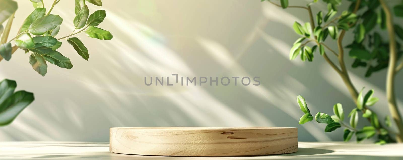 Wooden pedestal with green leaves and sunlight shadows, minimalistic nature background. Eco-friendly and natural product display concept.