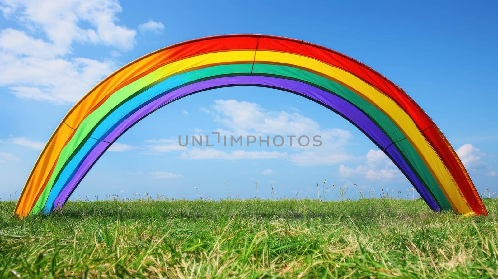 A rainbow is stretched across a field of grass.