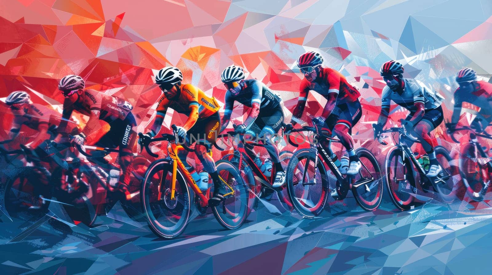 A group of cyclists are racing on a course with abstract background.