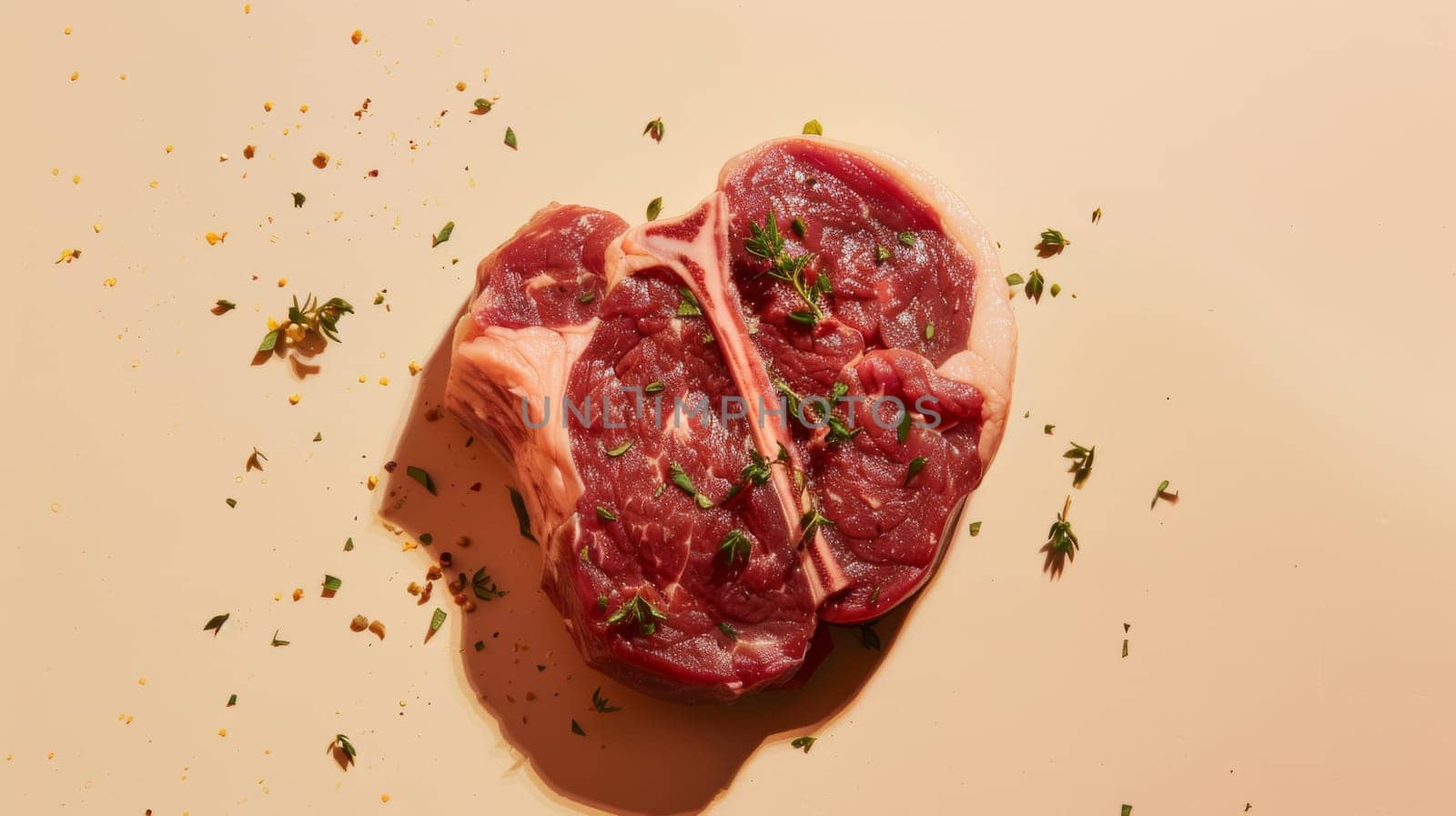 Raw T-bone steak with herbs on beige background. Culinary ingredient and food photography concept.