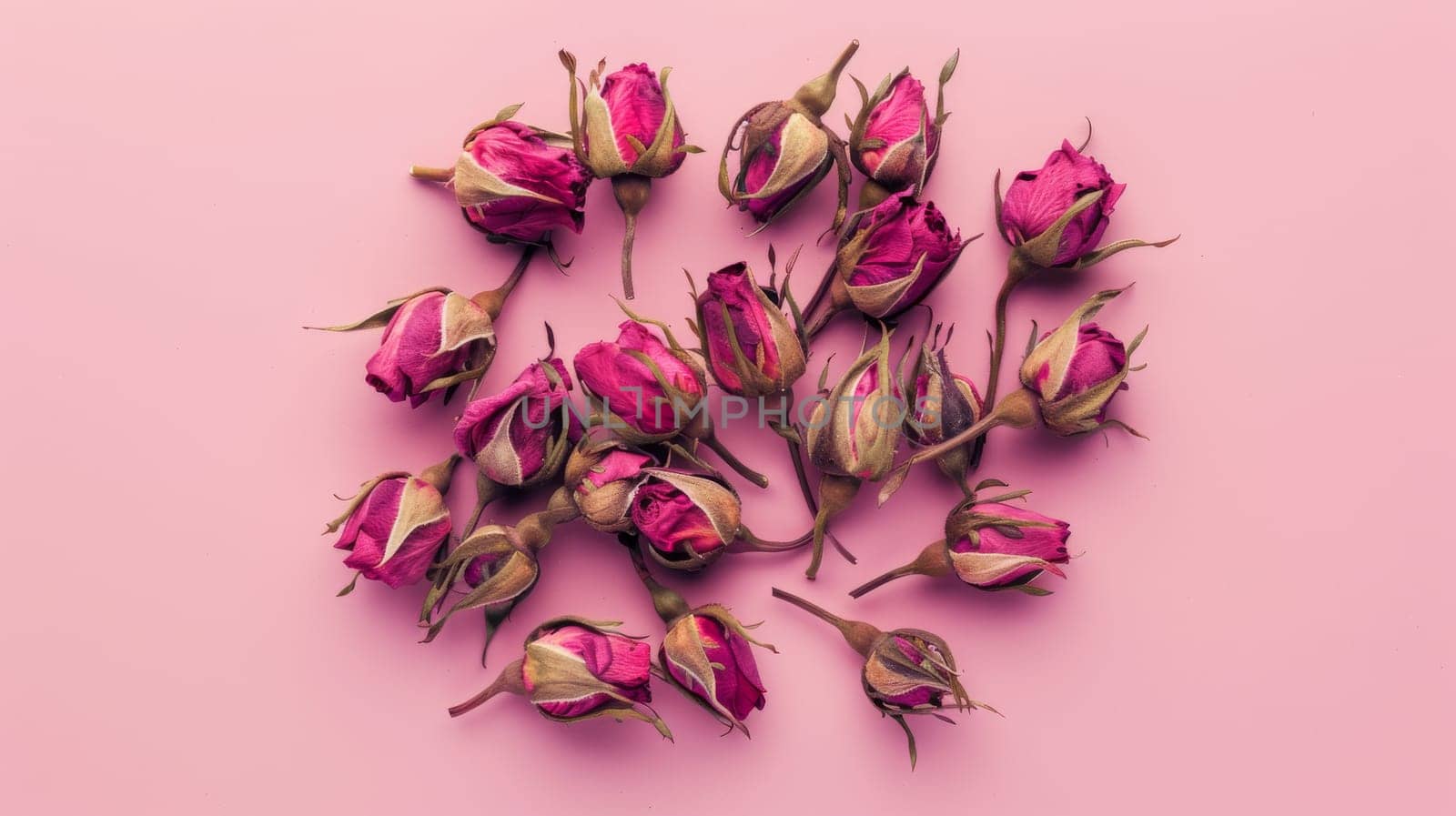 Dried rose buds on a pink background, floral arrangement. Romantic and vintage concept.