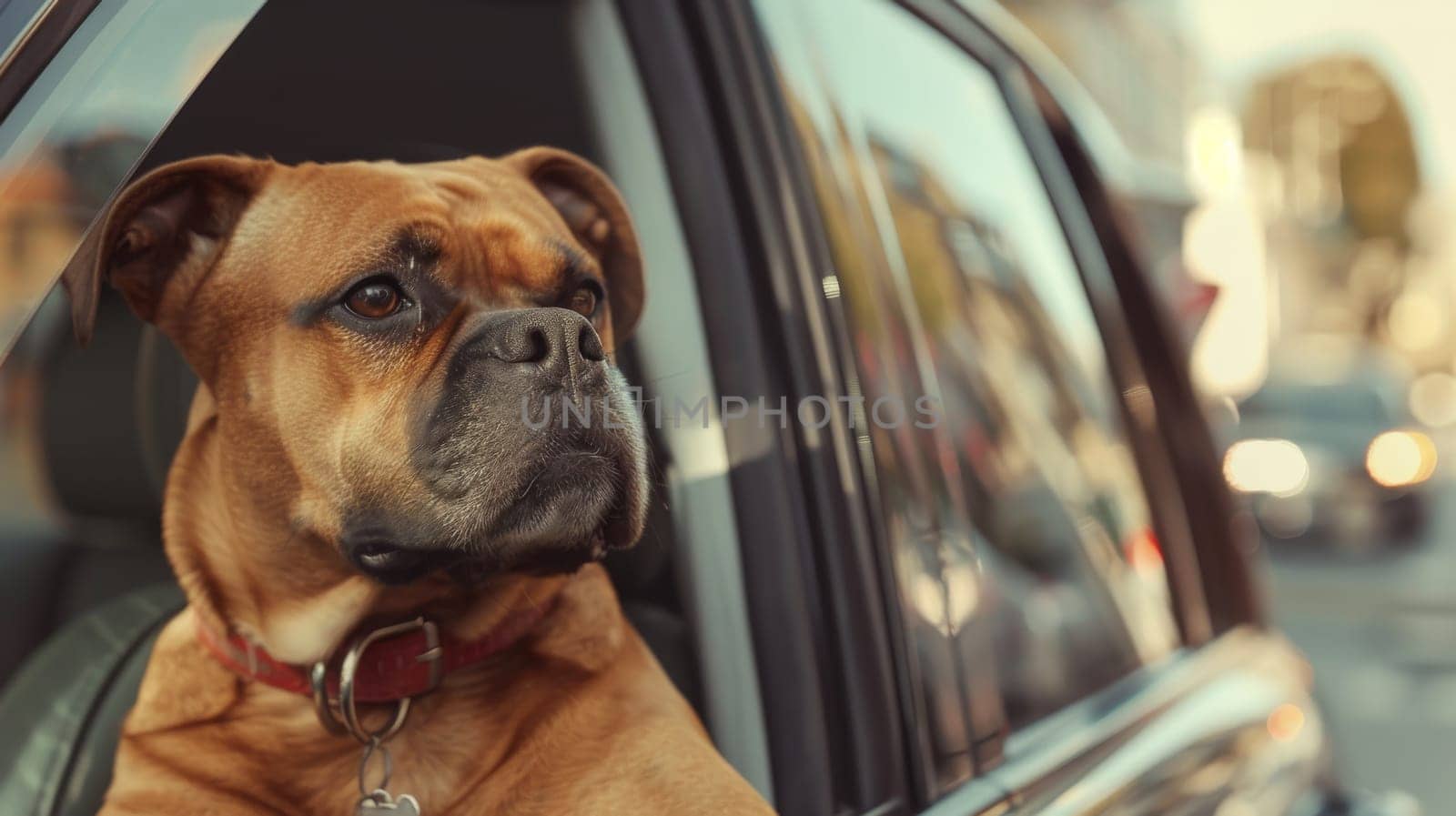 Dog looking out of car window on a sunny day, close-up shot. Domestic pet travel concept.