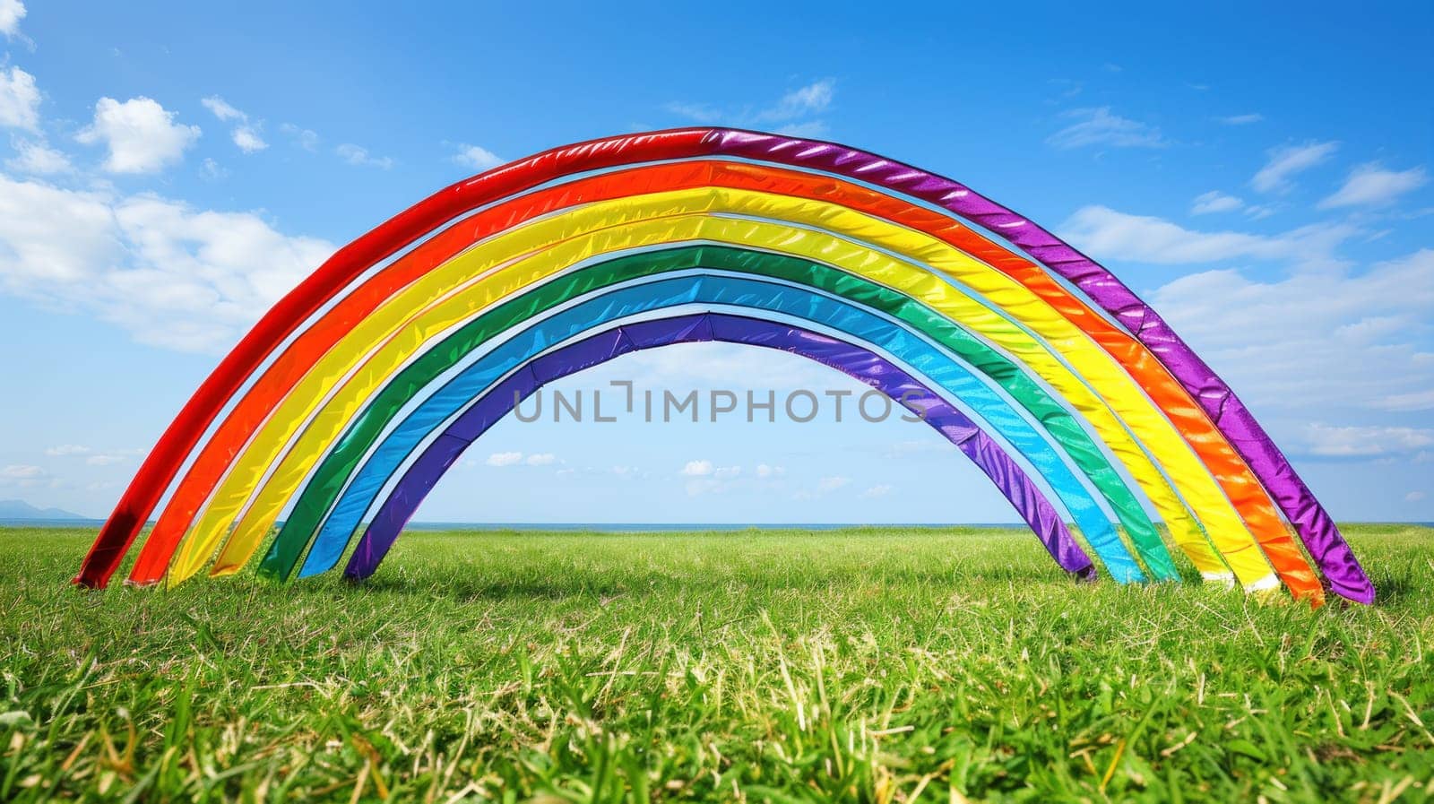 A rainbow is stretched across a field of grass.