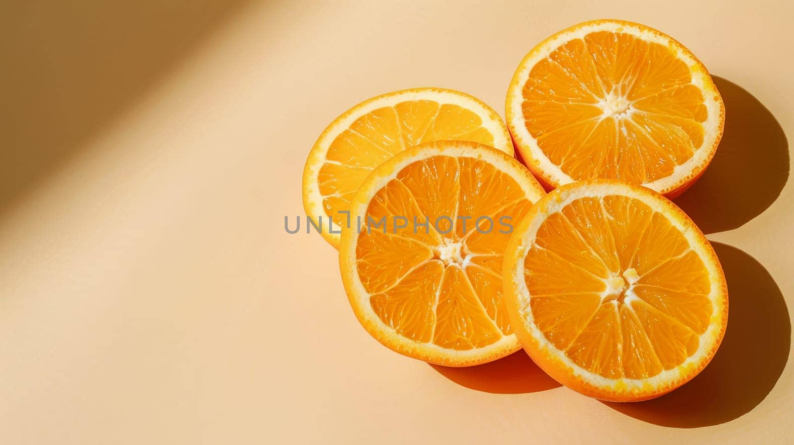Four orange slices on beige background, minimalist design. Freshness and health concept.