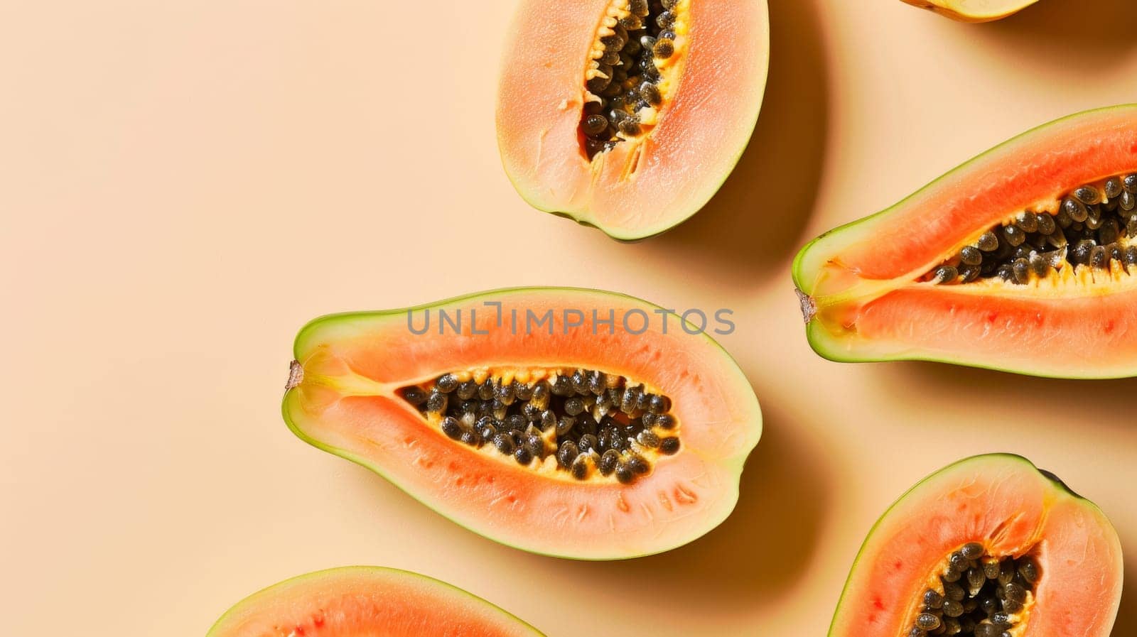 Halved papayas on beige background, top view. Tropical fruit concept.