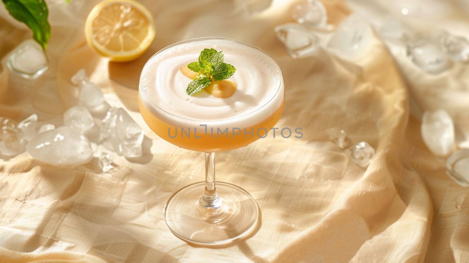 Refreshing lemon cocktail with mint, surrounded by ice cubes on a beige satin surface. Summer drink concept.