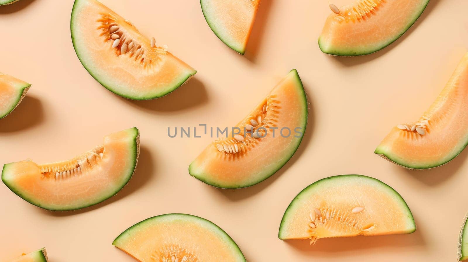 Slices of fresh cantaloupe melon on peach background, top view. Healthy eating and summer fruit concept.