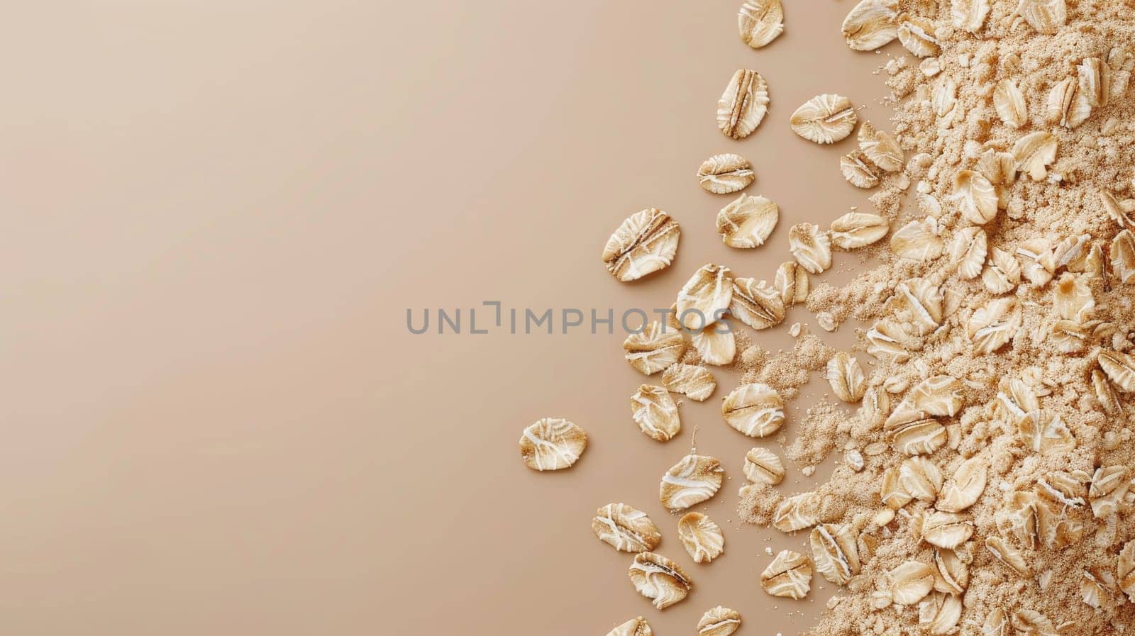 Scattered oatmeal flakes on beige background.